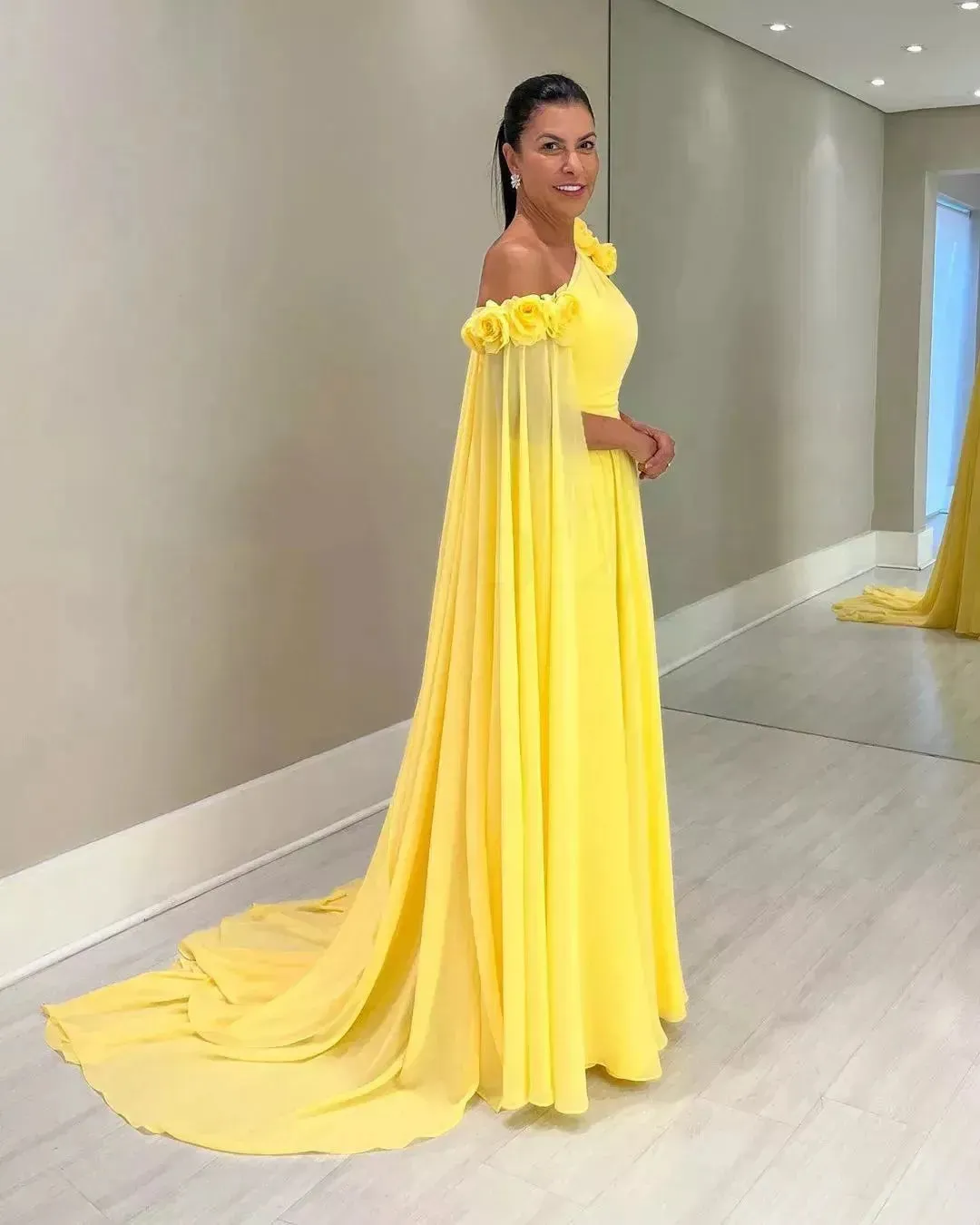 Elegant Yellow Chiffon Prom Dress A-Line One Shoulder With Flowers Floor Length Evening Dress robes de soirée