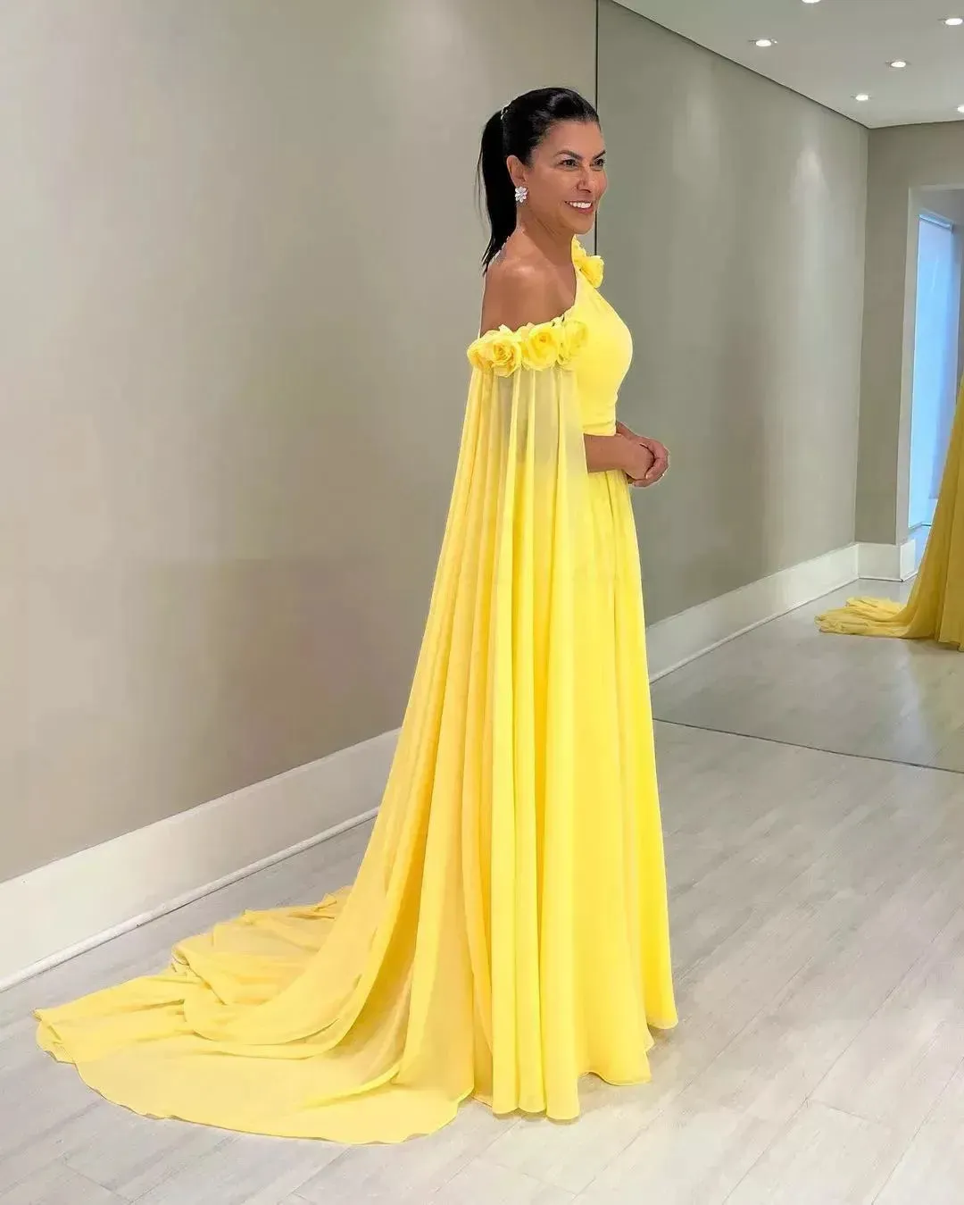 Elegant Yellow Chiffon Prom Dress A-Line One Shoulder With Flowers Floor Length Evening Dress robes de soirée