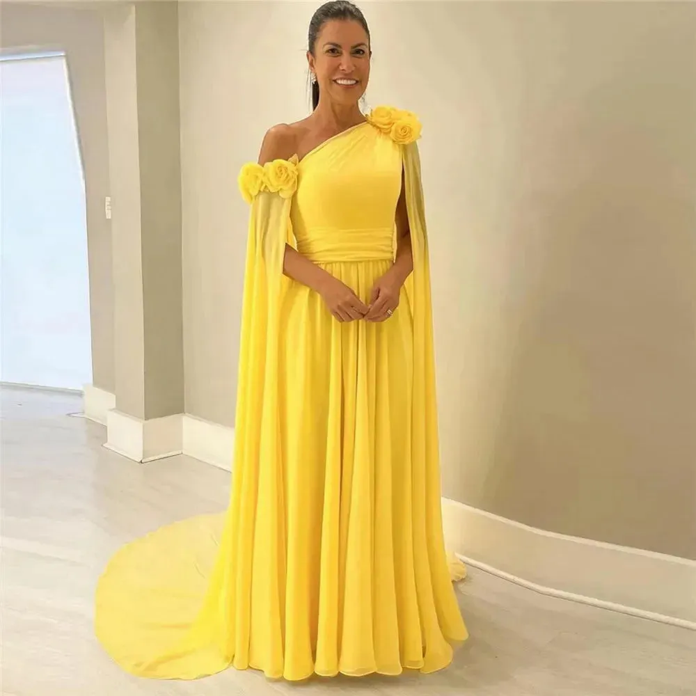 Elegant Yellow Chiffon Prom Dress A-Line One Shoulder With Flowers Floor Length Evening Dress robes de soirée