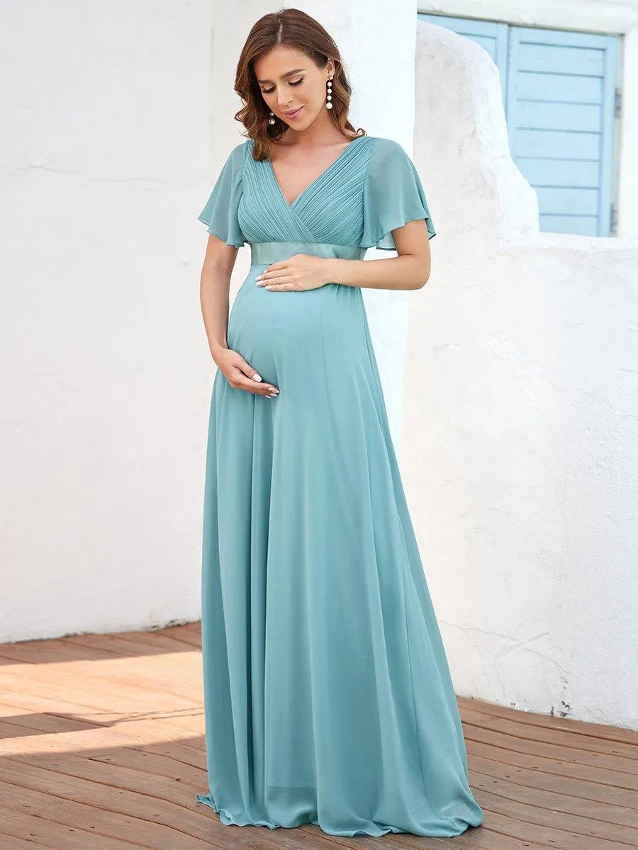Elégant robe de maternité en mousseline à col V manches volantées corsage plissé et longueur de plancher(Vente finale)
