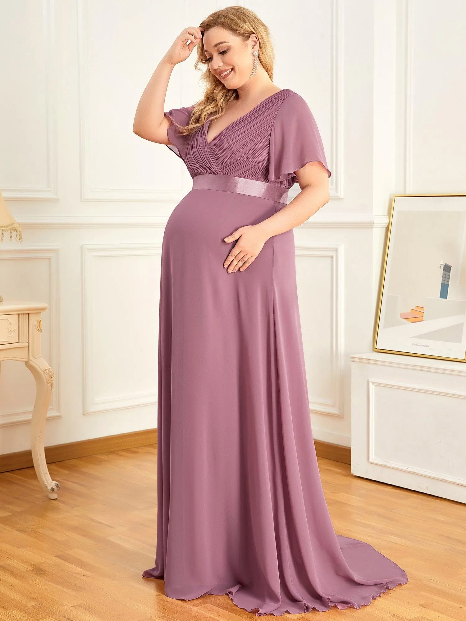 Elégant robe de maternité en mousseline à col V manches volantées corsage plissé et longueur de plancher(Vente finale)
