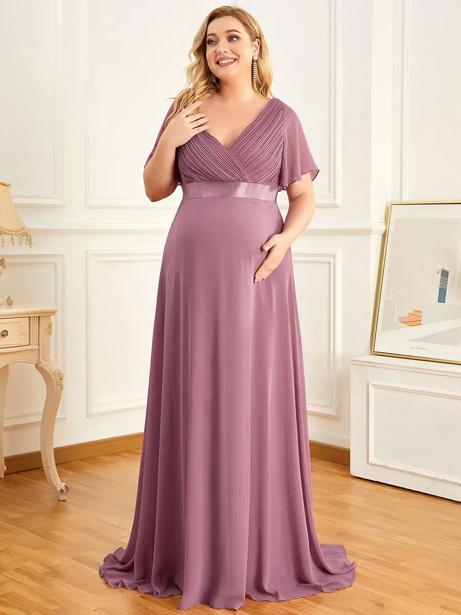 Elégant robe de maternité en mousseline à col V manches volantées corsage plissé et longueur de plancher(Vente finale)