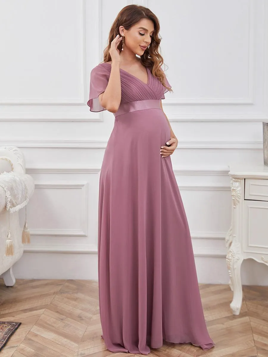 Elégant robe de maternité en mousseline à col V manches volantées corsage plissé et longueur de plancher(Vente finale)