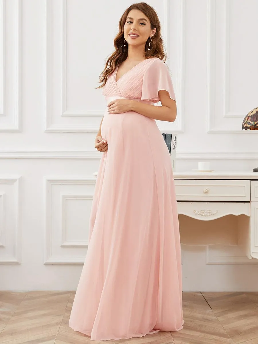 Elégant robe de maternité en mousseline à col V manches volantées corsage plissé et longueur de plancher(Vente finale)