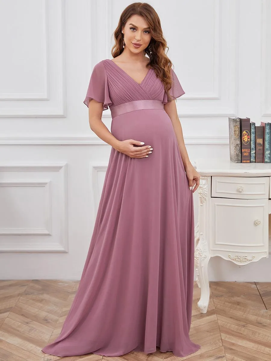 Elégant robe de maternité en mousseline à col V manches volantées corsage plissé et longueur de plancher(Vente finale)