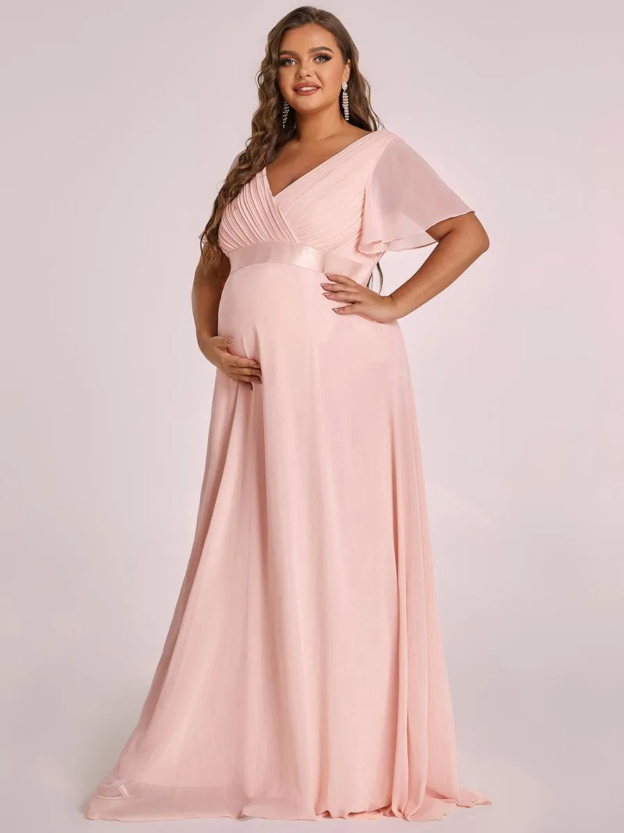 Elégant robe de maternité en mousseline à col V manches volantées corsage plissé et longueur de plancher(Vente finale)