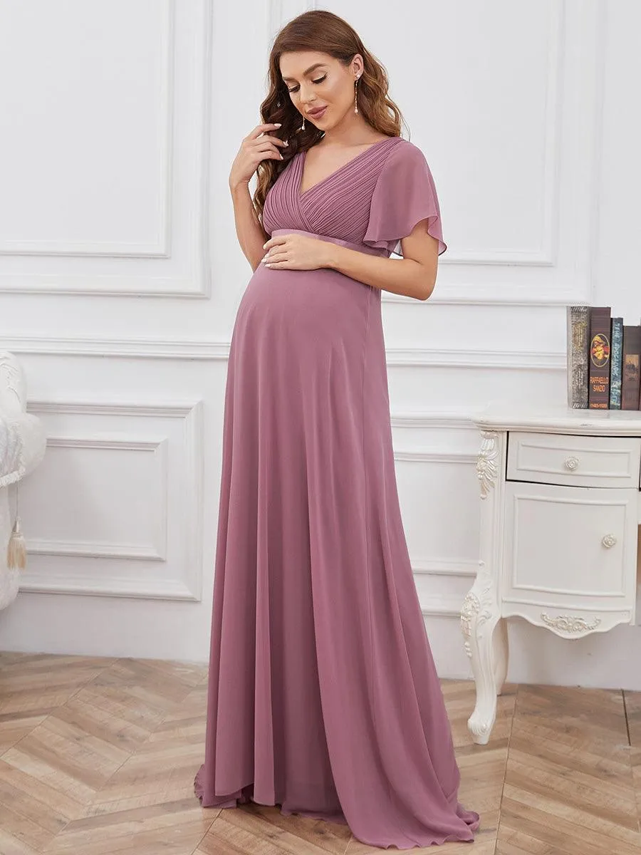 Elégant robe de maternité en mousseline à col V manches volantées corsage plissé et longueur de plancher(Vente finale)