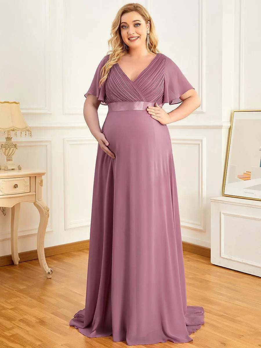 Elégant robe de maternité en mousseline à col V manches volantées corsage plissé et longueur de plancher(Vente finale)