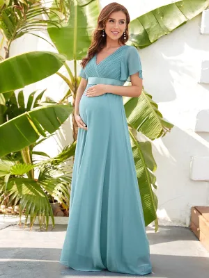 Elégant robe de maternité en mousseline à col V manches volantées corsage plissé et longueur de plancher(Vente finale)