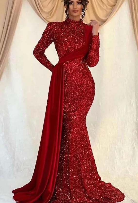 Emerald Green Sequin Evening Dress Long Sleeve Mermaid Prom Dress