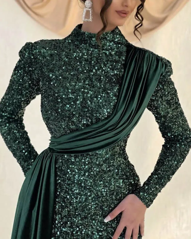 Emerald Green Sequin Evening Dress Long Sleeve Mermaid Prom Dress