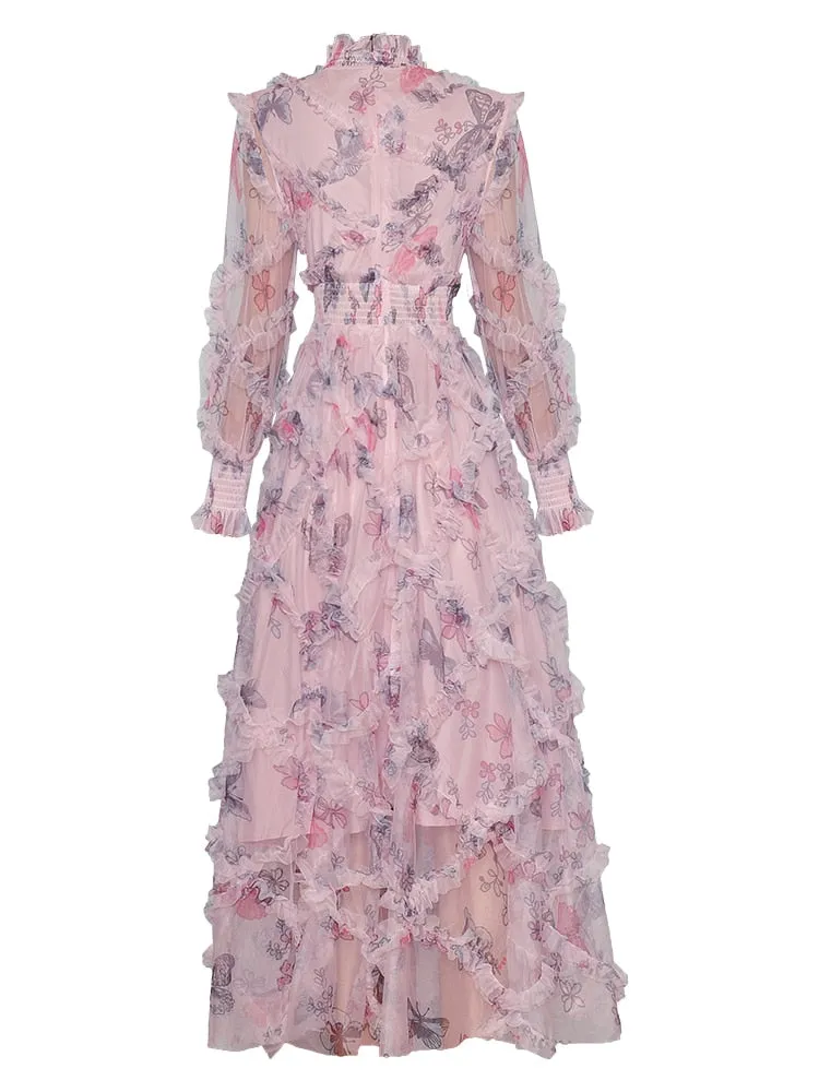 Esme Autumn Pink Mesh  Stand Collar Dress