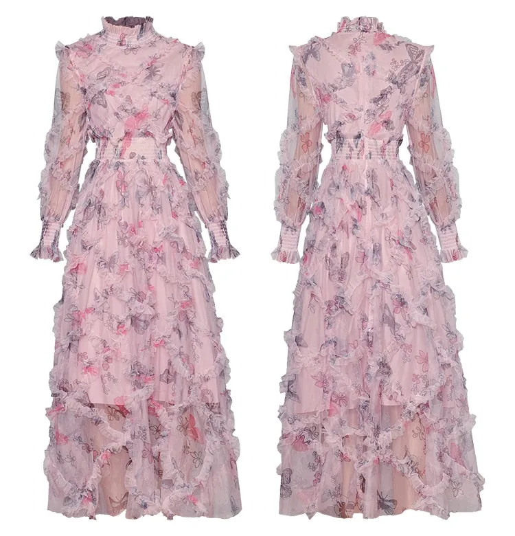 Esme Autumn Pink Mesh  Stand Collar Dress