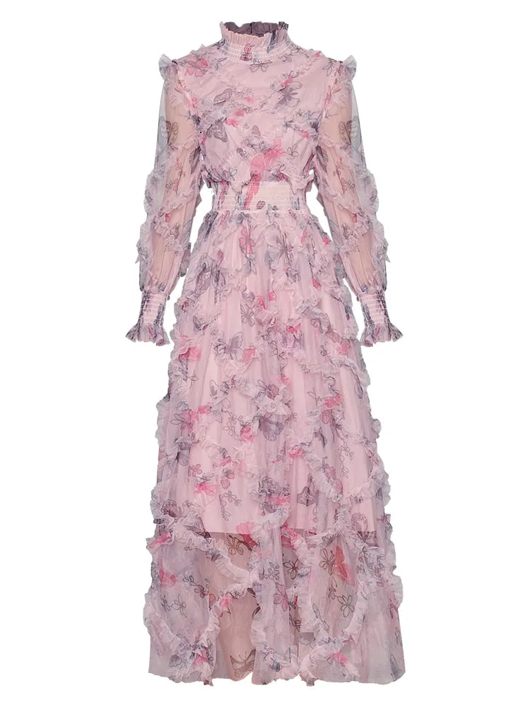 Esme Autumn Pink Mesh  Stand Collar Dress