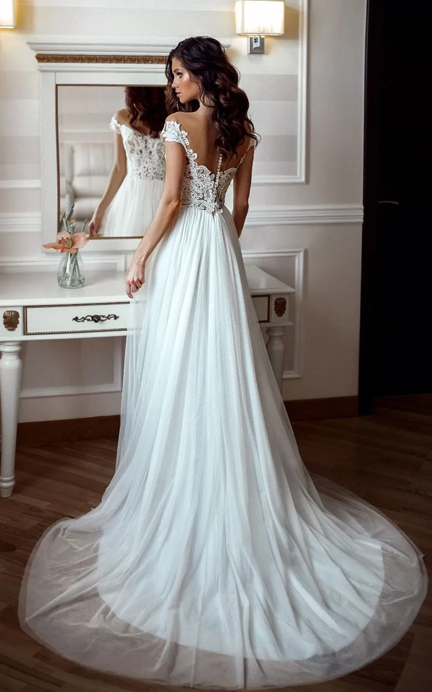 Ethereal A Line Chiffon Off-the-shoulder Sweep Train Wedding Dress-716086