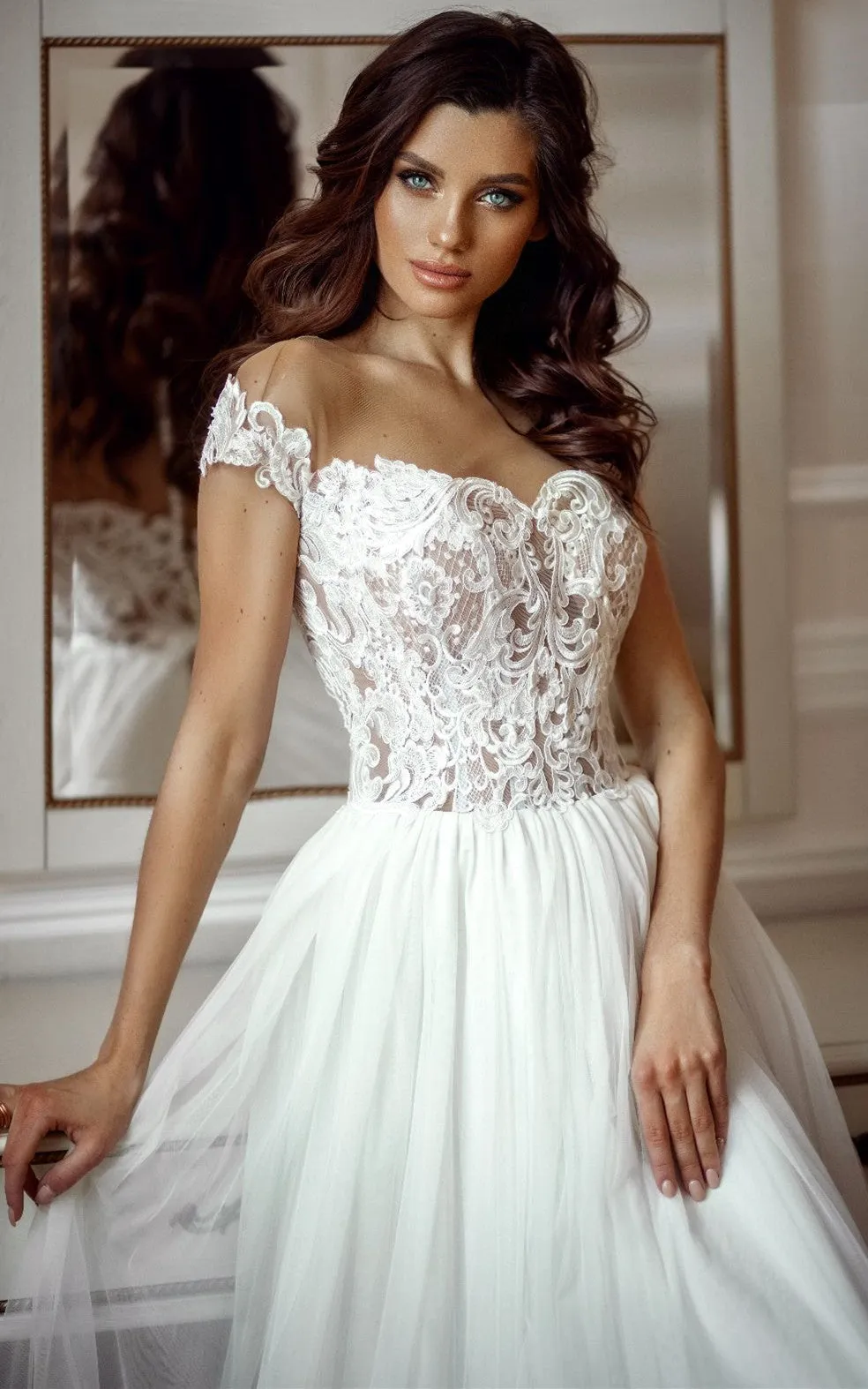 Ethereal A Line Chiffon Off-the-shoulder Sweep Train Wedding Dress-716086