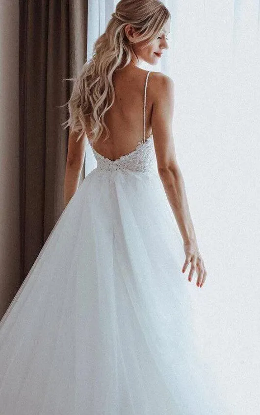 Ethereal Spaghetti Lace and Tulle Ball Gown Floor-length Sleeveless Wedding Dress with Beading-715935