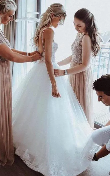 Ethereal Spaghetti Lace and Tulle Ball Gown Floor-length Sleeveless Wedding Dress with Beading-715935