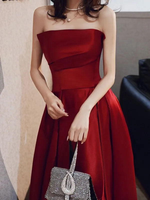 Evening Dress A-Line Strapless Satin Fabric Floor-Length Pleated Social Prom Dress