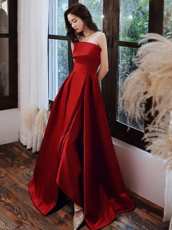 Evening Dress A-Line Strapless Satin Fabric Floor-Length Pleated Social Prom Dress