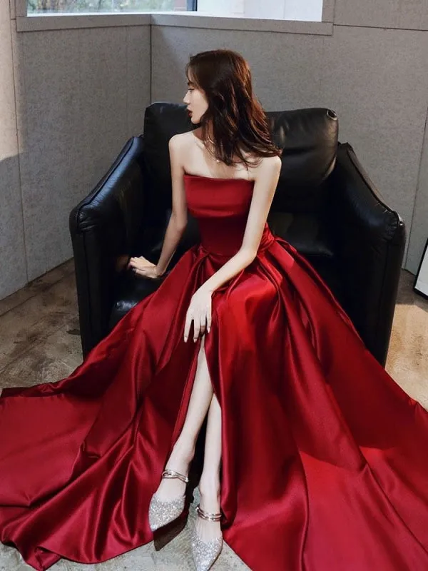 Evening Dress A-Line Strapless Satin Fabric Floor-Length Pleated Social Prom Dress