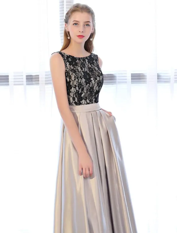 Evening Dresses Satin Lace Prom Dress Sleeveless Backless Pleated Pockets Floor Length Formal Dress