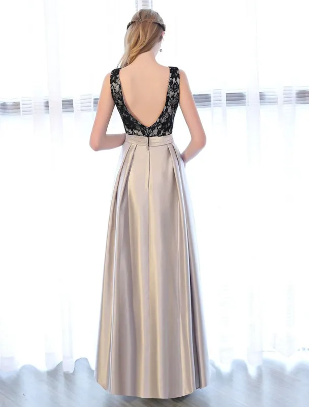 Evening Dresses Satin Lace Prom Dress Sleeveless Backless Pleated Pockets Floor Length Formal Dress