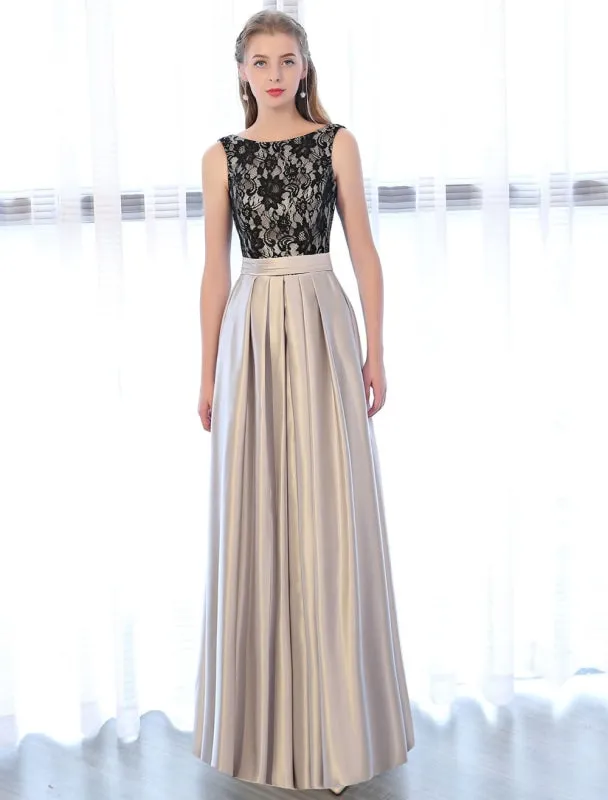 Evening Dresses Satin Lace Prom Dress Sleeveless Backless Pleated Pockets Floor Length Formal Dress