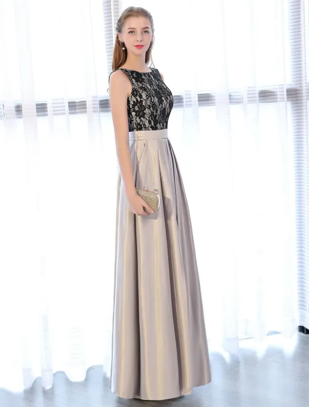 Evening Dresses Satin Lace Prom Dress Sleeveless Backless Pleated Pockets Floor Length Formal Dress