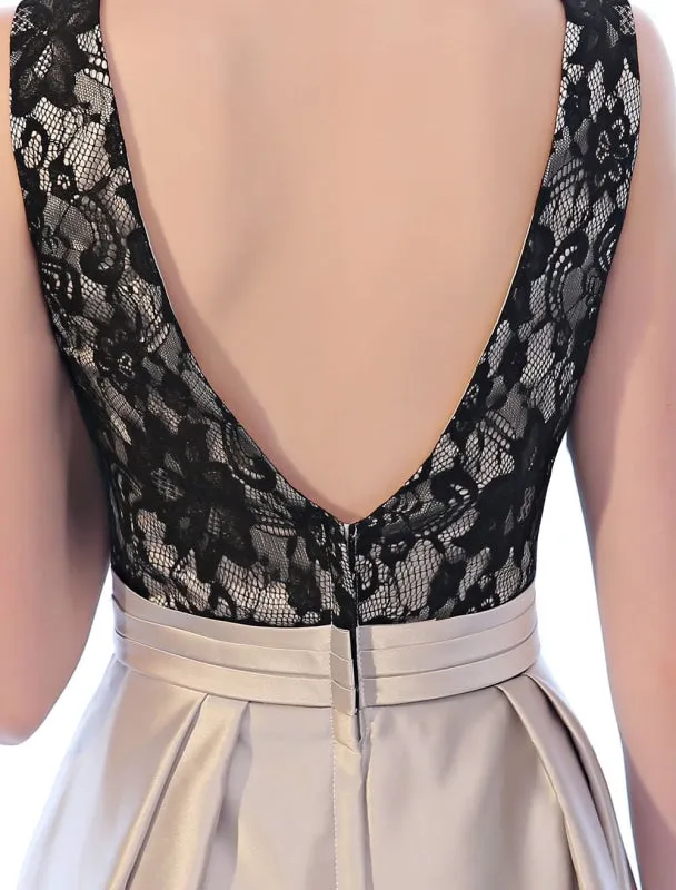 Evening Dresses Satin Lace Prom Dress Sleeveless Backless Pleated Pockets Floor Length Formal Dress