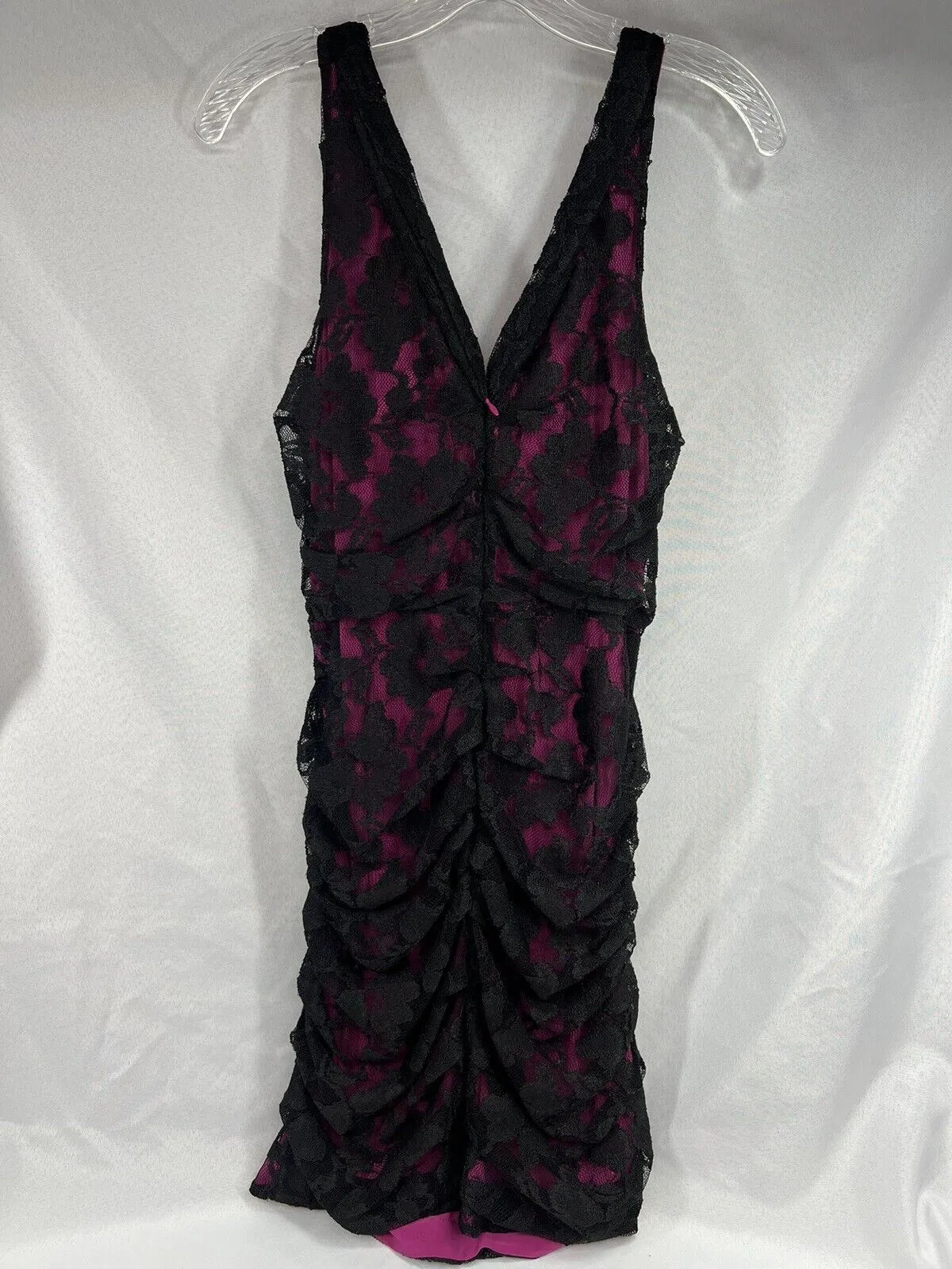 Express Sz 10 Pink & Black Mini Dress Club Evening Comfy Lace Ruched Body-con