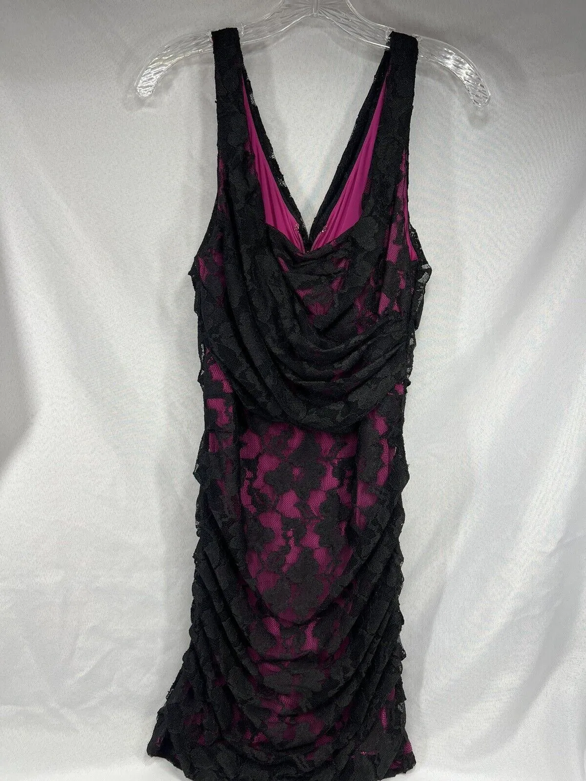 Express Sz 10 Pink & Black Mini Dress Club Evening Comfy Lace Ruched Body-con