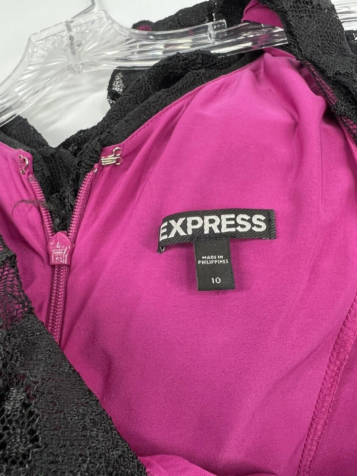 Express Sz 10 Pink & Black Mini Dress Club Evening Comfy Lace Ruched Body-con
