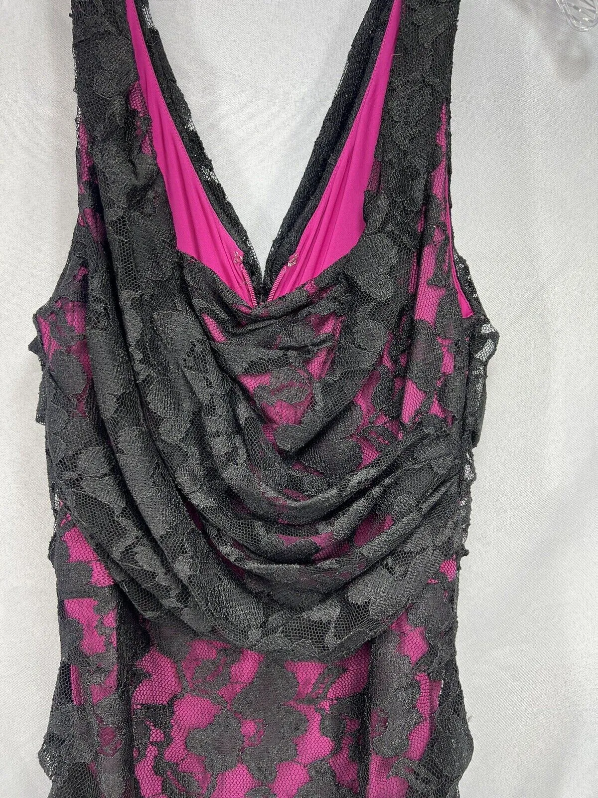 Express Sz 10 Pink & Black Mini Dress Club Evening Comfy Lace Ruched Body-con