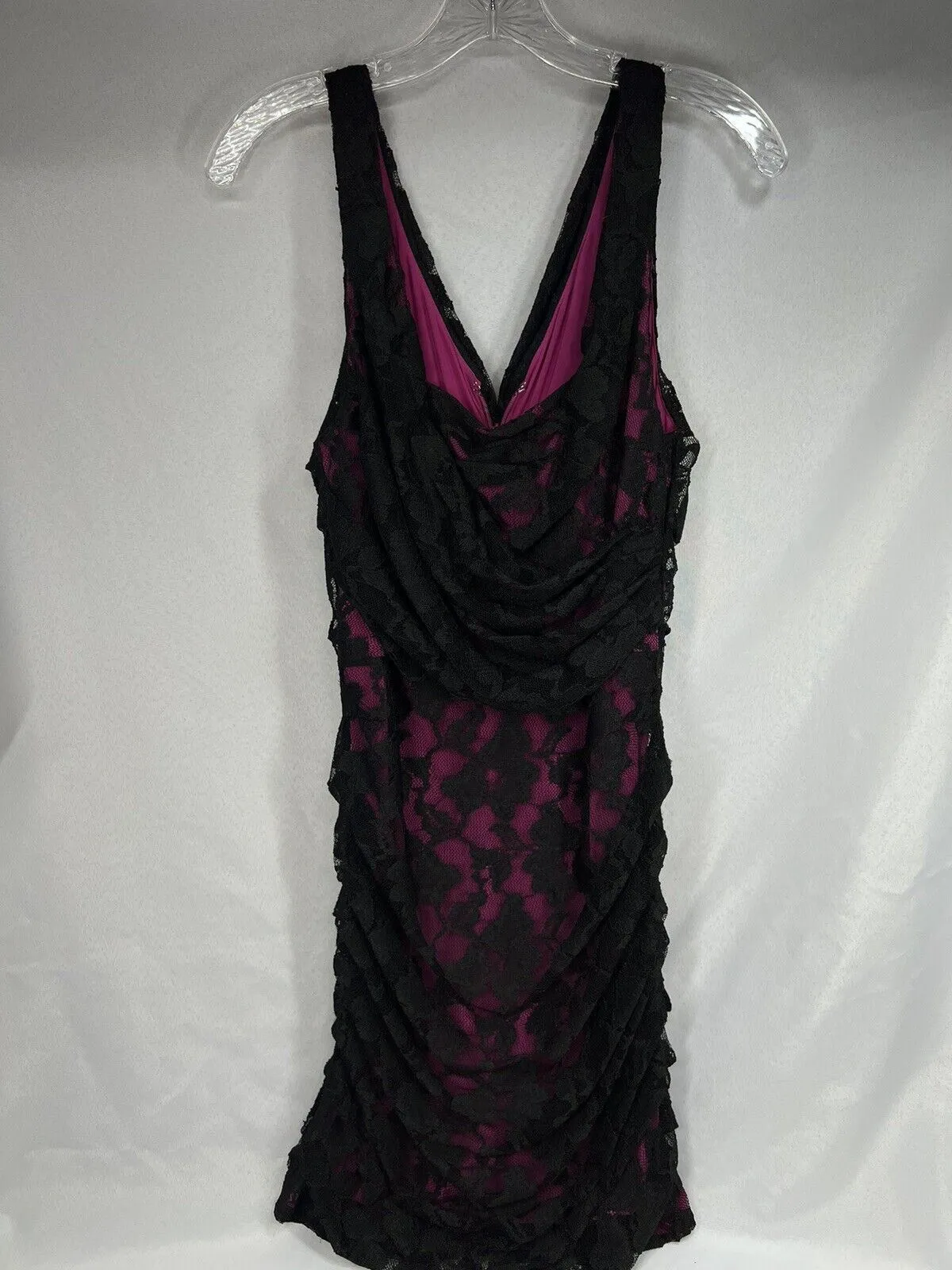 Express Sz 10 Pink & Black Mini Dress Club Evening Comfy Lace Ruched Body-con