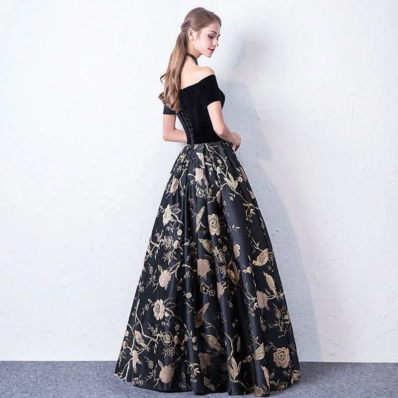 Fantastic Slash Neck Velvet Printed Prom Gala Dresses