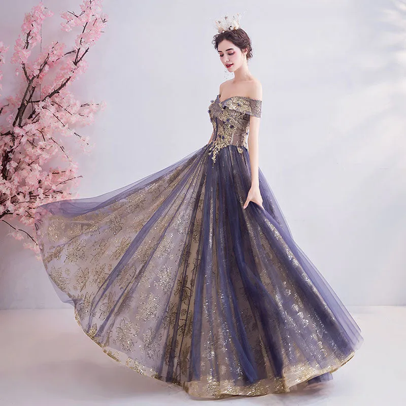 [Final Sale] Dusty Purple Off The Shoulder Gold Beading Embroidery Formal Gown