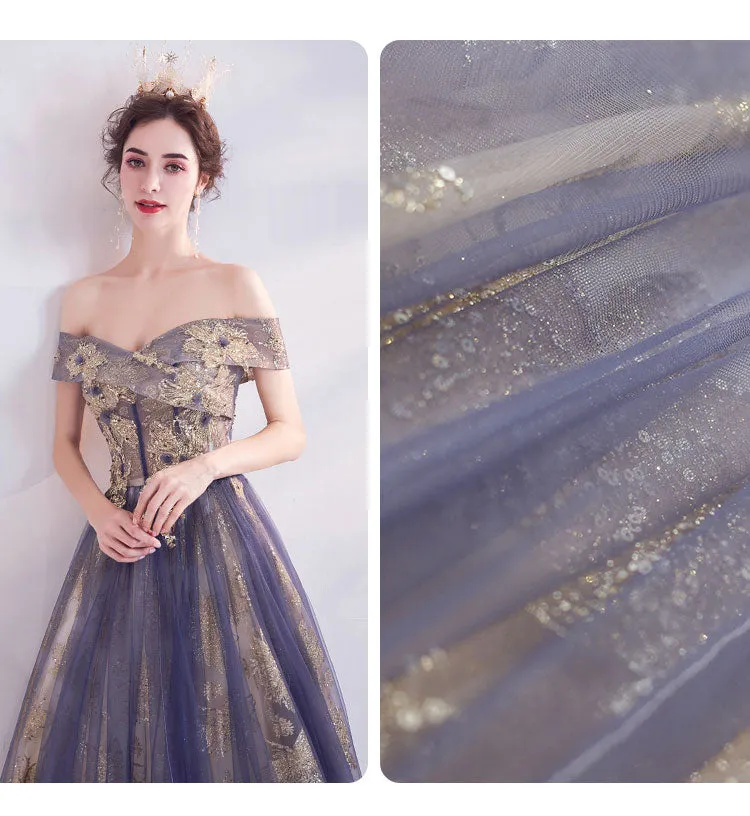 [Final Sale] Dusty Purple Off The Shoulder Gold Beading Embroidery Formal Gown