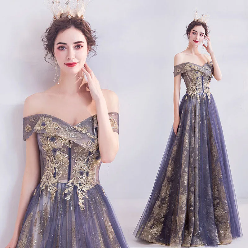 [Final Sale] Dusty Purple Off The Shoulder Gold Beading Embroidery Formal Gown