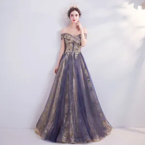 [Final Sale] Dusty Purple Off The Shoulder Gold Beading Embroidery Formal Gown