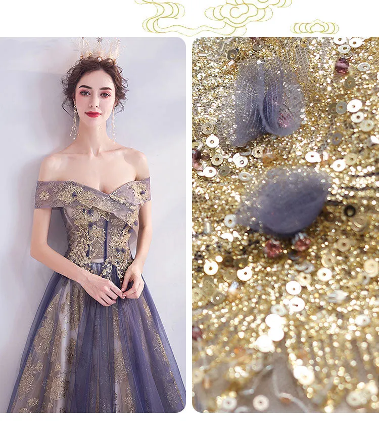 [Final Sale] Dusty Purple Off The Shoulder Gold Beading Embroidery Formal Gown