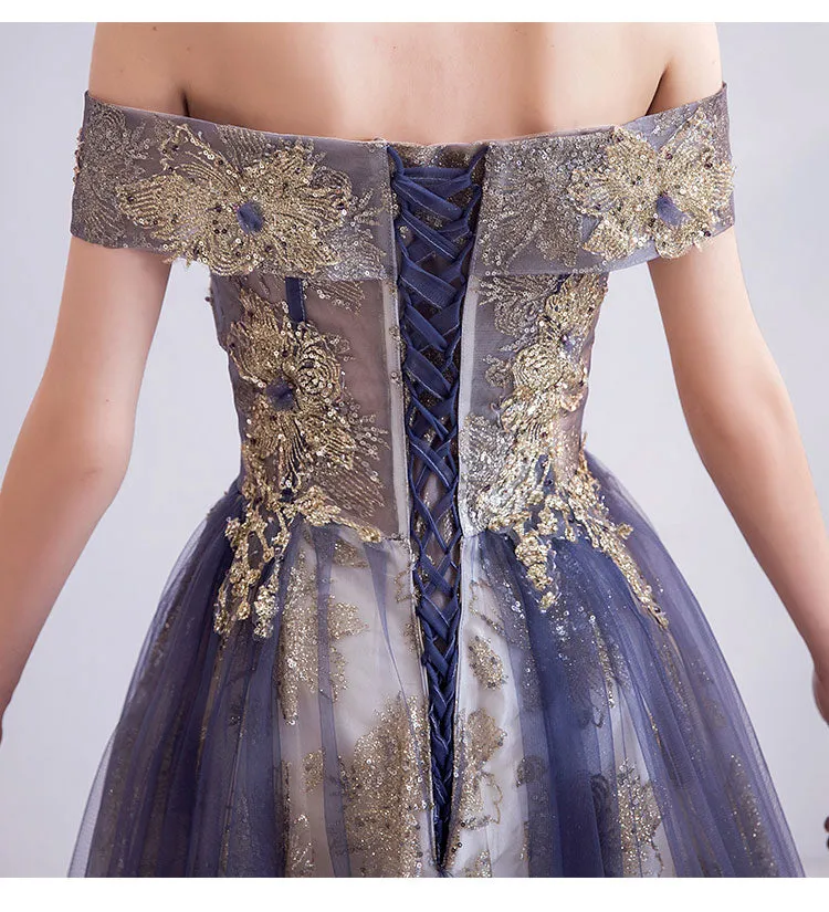 [Final Sale] Dusty Purple Off The Shoulder Gold Beading Embroidery Formal Gown