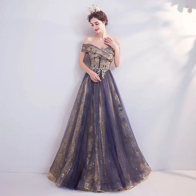 [Final Sale] Dusty Purple Off The Shoulder Gold Beading Embroidery Formal Gown