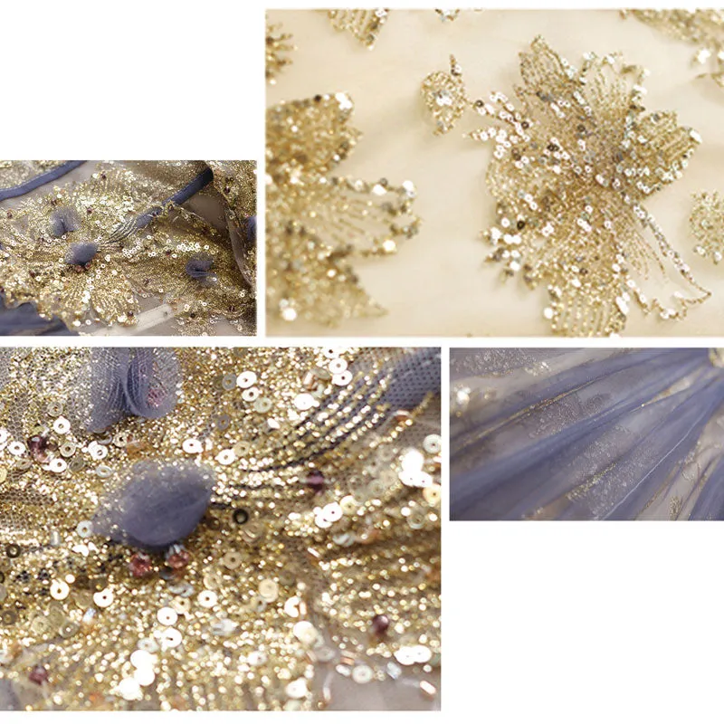 [Final Sale] Dusty Purple Off The Shoulder Gold Beading Embroidery Formal Gown