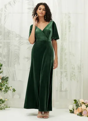 [Final Sale] Emerald Green V-Neck Velvet Floor Length Bridesmaid Dress