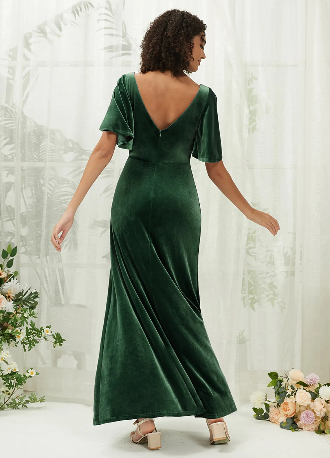 [Final Sale] Emerald Green V-Neck Velvet Floor Length Bridesmaid Dress