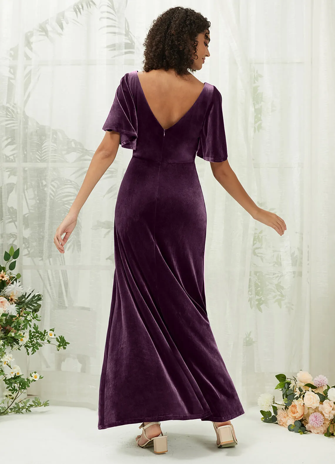 [Final Sale] Plum Velvet Short Sleeve Floor Length Bridesmaid Dresses