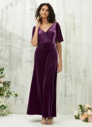 [Final Sale] Plum Velvet Short Sleeve Floor Length Bridesmaid Dresses