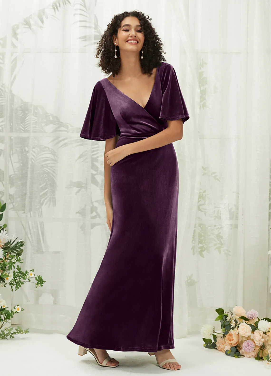 [Final Sale] Plum Velvet Short Sleeve Floor Length Bridesmaid Dresses