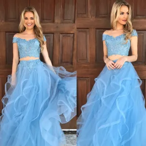 Floor-length Off the shoulder Tulle Blue Two piece Prom Dresses